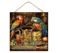 Plaque murale décorative vintage en bois avec inscription It's Five O'clock Somewhere - 30,5 x 30,5 cm - Motif : perroquet, fleurs, flamant rose - Décoration murale vintage en bois pour la maison