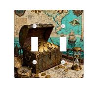 Plaque murale décorative vintage en forme de carte au trésor - Plaque murale à 2 interrupteurs - Double bascule - Plaque de commutation électrique - Esthétique - Impression cool - Pour chambre