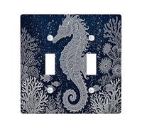 Plaque murale décorative vintage pour interrupteur à double bascule, motif hippocampe nautique, bleu marine, plaque de commutation électrique sous-marine pour chambre à coucher