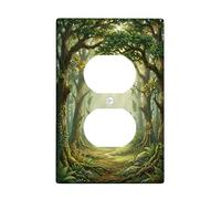 Plaque murale double prise de courant en plastique vert forêt - Arbres rustiques naturels - Fougères - Taille standard - Pour chambre à coucher, salle de bain, cuisine, entrée