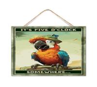 Plaque murale en bois « It's Five O'Clock Somewhere » - Happy Hour - Piscine - Plage - Fruits - 30,5 x 20,3 cm - Ara - Toucan hawaïen - Décoration murale rustique pour bureau et porte d'entrée