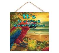 Plaque murale en bois « It's Five O'Clock Somewhere » - Happy Hour - Piscine - Plage - Fruits - 30,5 x 30,5 cm - Motif floral - Ara - Décoration murale personnalisée pour salle à manger, porche