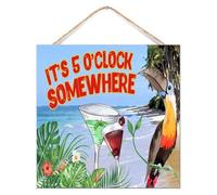 Plaque murale en bois « It's Five O'Clock Somewhere », panneau en bois « Happy Hour Pool Beach » - 30,5 x 30,5 cm - Style rétro d'été - Coucher de soleil buvant - Décoration rustique pour table et