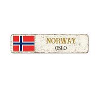 Plaque murale en métal avec drapeau de la Norvège - Oslo - Rétro - Souvenir du pays - Souvenir du drapeau national - Plaque en métal de qualité pour porche de cuisine - 30,5 x 7,6 cm
