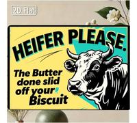 Plaque murale en métal avec motif vache de ferme - Heifer Please - The Butcher Done Slid Off Your Biscuit - Art rétro rustique en métal avec motif vieilli bleu sarcelle et marron, 20 x 30 cm