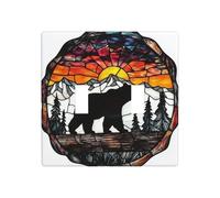 Plaque murale en verre teinté avec motif ours marchant sur bois - 11,4 x 11,4 cm