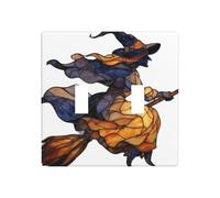 Plaque murale en verre teinté noir sorcière assise sur balai double gang plaque murale interrupteur décoration taille standard - 11,4 x 11,4 cm