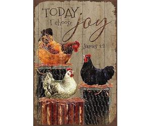 Plaque murale humoristique en métal avec inscription « Chickens on Farm Today I Choose Joy » pour bar, café, maison, cuisine, salle - Cadeau pour extérieur et intérieur rétro - 20,3 x 30,5 cm