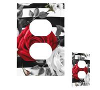 Plaque murale pour interrupteur - Motif rayures noires et blanches - Fleurs rouges - 1 interrupteur - Plaque décorative pour prise électrique - Plaque frontale pour salle de bain et cuisine - 12,7 x