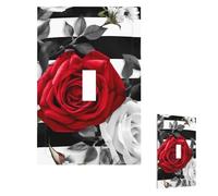 Plaque murale pour interrupteur - Motif rayures noires et blanches - Fleurs rouges - 1 interrupteur - Plaque décorative pour prise électrique - Plaque frontale pour salle de bain et cuisine - 12,7 x