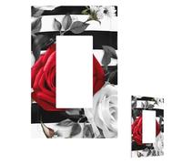 Plaque murale pour interrupteur - Motif rayures noires et blanches - Fleurs rouges - 1 interrupteur - Plaque décorative pour prise électrique - Plaque frontale pour salle de bain et cuisine - 12,7 x