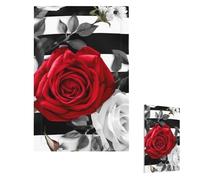 Plaque murale pour interrupteur - Motif rayures noires et blanches - Fleurs rouges - 1 interrupteur - Plaque décorative pour prise électrique - Plaque frontale pour salle de bain et cuisine - 12,7 x