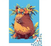 Plaque Murale Rétro 52x38cm/1000pcs avec Capybara with Floral Crown Illustration pour Le Pub Ou Le Café, pour Les Mois Plus Frais dans Le Pub Et Le Café