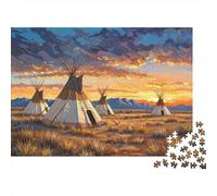 Plaque Murale Rétro 52x38cm/1000pcs avec Native American Teepees Sunset pour Le Pub Ou Le Café, pour Une Décoration Hivernale dans Le Pub Et Le Café