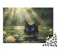 Plaque Murale Rétro 70x50cm/1000pcs avec Whimsical Black Cat Peeking from Water Lily Pond - Impressionistic Digital Art pour Le Salon, pour Les Collectionneurs De Plaques Et De Déco Rétro