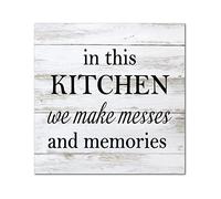 Plaque murale rétro en bois avec citation « In This Kitchen We Make Messes » - Décoration murale à suspendre pour bureau, chambre à coucher, salon, maison, pendaison de crémaillère - 30,5 x 30,5 cm