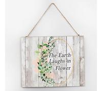 Plaque murale ronde en bois avec inscription « The Earth Laughs In Flower » - 25,4 x 30,5 cm - Décoration murale rustique en bois pour chambre d'enfant, cheminée