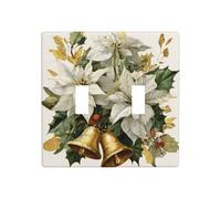 Plaque murale vintage à bascule avec cloches dorées et fleurs de poinsettia blanches, cloches dorées, houx, plaque murale, décoration d'interrupteur, taille standard - 11,4 x 11,4 cm