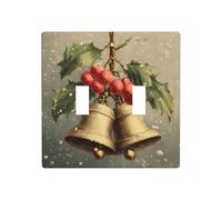 Plaque murale vintage avec deux cloches en laiton - Motif houx rouge - 11,4 x 11,4 cm