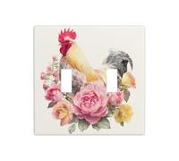 Plaque murale vintage coq rose jaune roses double bande interrupteur décoration taille standard - 11,4 x 11,4 cm