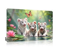 Plaque murale vintage en étain avec trois petits tigres blancs dans un jardin serein, accessoire de garage pour homme (30 x 40 cm)