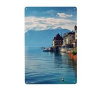 Plaque murale vintage en métal amusante en aluminium pour salle de bain, porche, cour, affiche de bienvenue au lac Léman, décoration murale pour maison, café, 20,3 x 30,5 cm