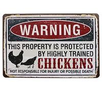 Plaque murale vintage en métal avec inscription « Warning This Property is Protected by highly Trained Chickens »