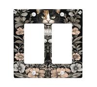 Plaque murale vintage pour interrupteur en forme de chat - Motif floral noir et beige - Pour décoration d'intérieur - Plaques murales en thermoplastique - Taille standard - Double bascule