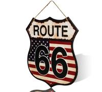 Plaque murale vintage Route 66, design de bouclier décoratif en métal, décoration d'intérieur rustique avec corde de suspension (rouge foncé)