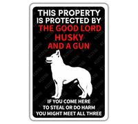 Plaque Murales Cette Propriété Est Protégée par Me Bon Dieu Un Chien Husky Et Un Fusil Plaque Métal Drôles Signalisation pour Jardin Chambre Café Salon S
