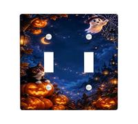 Plaque noire pour interrupteur double motif chat et citrouilles d'Halloween | Fantôme effrayant, citrouilles lumineuses, paysage d'horizon nocturne, ambiance d'automne fantaisie, mise à niveau murale