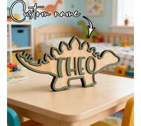 Plaque nominative personnalisée en bois Dinosaure Stégosaure, Lettres 3D, Décoration murale ou de table pour chambre de bébé garçon, Cadeau de naissance blue1