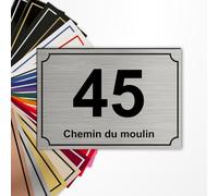 Plaque numéro de rue 15x10cm adhésive en PVC - Gravure Laser - 22 Couleurs - Avec ou Sans Motif (Acier brossé texte noir)