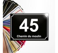 Plaque numéro de rue 15x10cm adhésive en PVC - Gravure Laser - 22 Couleurs - Avec ou Sans Motif (Noir brillant texte blanc)