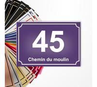 Plaque numéro de rue 15x10cm adhésive en PVC - Gravure Laser - 22 Couleurs - Avec ou Sans Motif (Violet texte blanc)