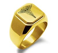 Plaqué Or Acier Inoxydable Bâton de Caducée D'Hermès Bague polie de Style Motard carré, Taille 54.5