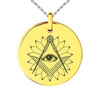 Plaqué Or Acier Inoxydable Franc-Maçon Maçonnique Lotus Tous Yeux Collier avec Pendentif Petit Cercle médaillon