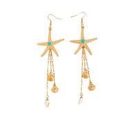 Plaqué or alliage crochet boucle d'oreille, étoile de mer Top avec Accent Turquoise et Shell Tassel Drop boucles d'oreilles, Bohème plage vacances longue déclaration boucles d'oreilles pour les femmes