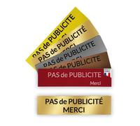 Plaque "Pas de Publicité Merci" - Plaquette Adhesive pas de pub en Acrylique aspect Or brossé 80x20x1.5 mm - Fabrication Française - Adhésif 3M - Stop Pub pour Boîte aux Lettres et Porte