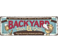 Plaque personnalisée - Backyard Bar & Grill - Plaque métallique décorative - Bar et Barbecue - 31,8 x 15,2 cm - Flamingo