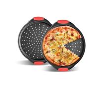 Plaque Pizza Perforée Lot 2, 33cm avec Poignées Silicone Antiadhésif | Plateau Pizza à Trous avec Poignées Silicone, Acier Carbone pour Pizza et Tarte Flambée, 37,6x33x2cm
