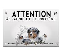 Plaque plastique Attention au chien berger australien bleu