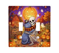 Plaque pour interrupteur double avec citation d'Halloween squelette et chat | chat, feuilles d'automne, citrouilles lumineuses, paysage de grange, atmosphère effrayante, décoration murale saisonnière