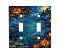 Plaque pour interrupteur double avec citrouilles de nuit effrayantes et | Imagerie de chat, inspiration nuit étoilée, style d'art impressionniste, décoration d'intérieur, palette de couleurs