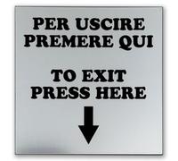 Plaque pour sortir Appuyez ici 10 x 10 cm stratifié plastique satiné or ou argent plaque élégante bureaux d'études professionnelles et où vous devez signaler le bouton de sortie (argent)