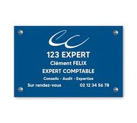 Plaque professionnelle personnalisée en PVC avec Symbole pour expert comptable - Format 30 cm x 20 cm - Bleue lettres blanches - Vissée