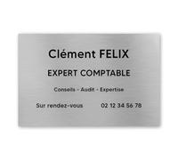 Plaque professionnelle personnalisée en PVC pour expert comptable - Gravure laser sur 1 à 5 lignes - Format 30 x 20 cm - Argent lettres noires - Adhésif 3M