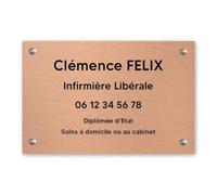 Plaque professionnelle personnalisée en PVC pour infirmière libérale - 1 à 5 lignes de texte - Format 30 x 20 cm -Cuivre lettres noires -Vissé