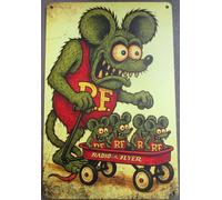 Plaque Rat Fink Et Ses Bébés En Radio Flyer 30x20cm Tole