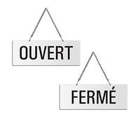 Plaque recto-verso Ouvert/Fermé 175/65 mm Plaque réversible en aluminium laqué blanc des deux côtes avec chaine en métal 31207-W